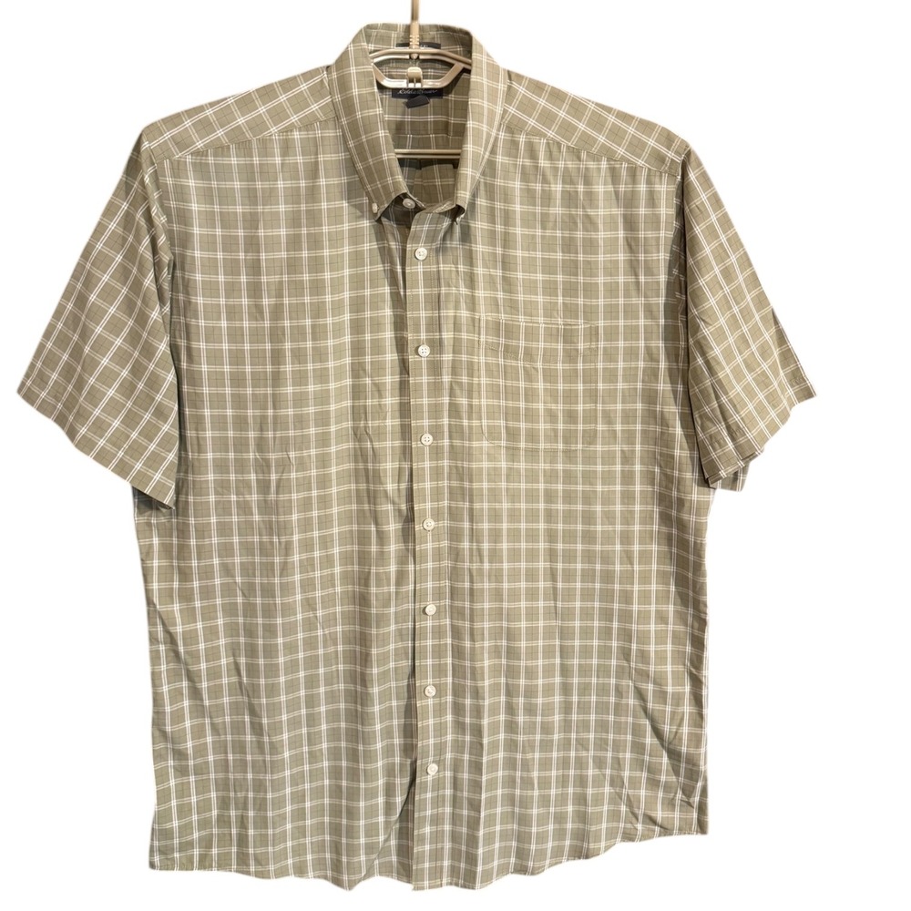 Eddie Bauer Mens XL Tall Short Sleeve‎ Plaid Button Down Shirt Green Classic Fit
